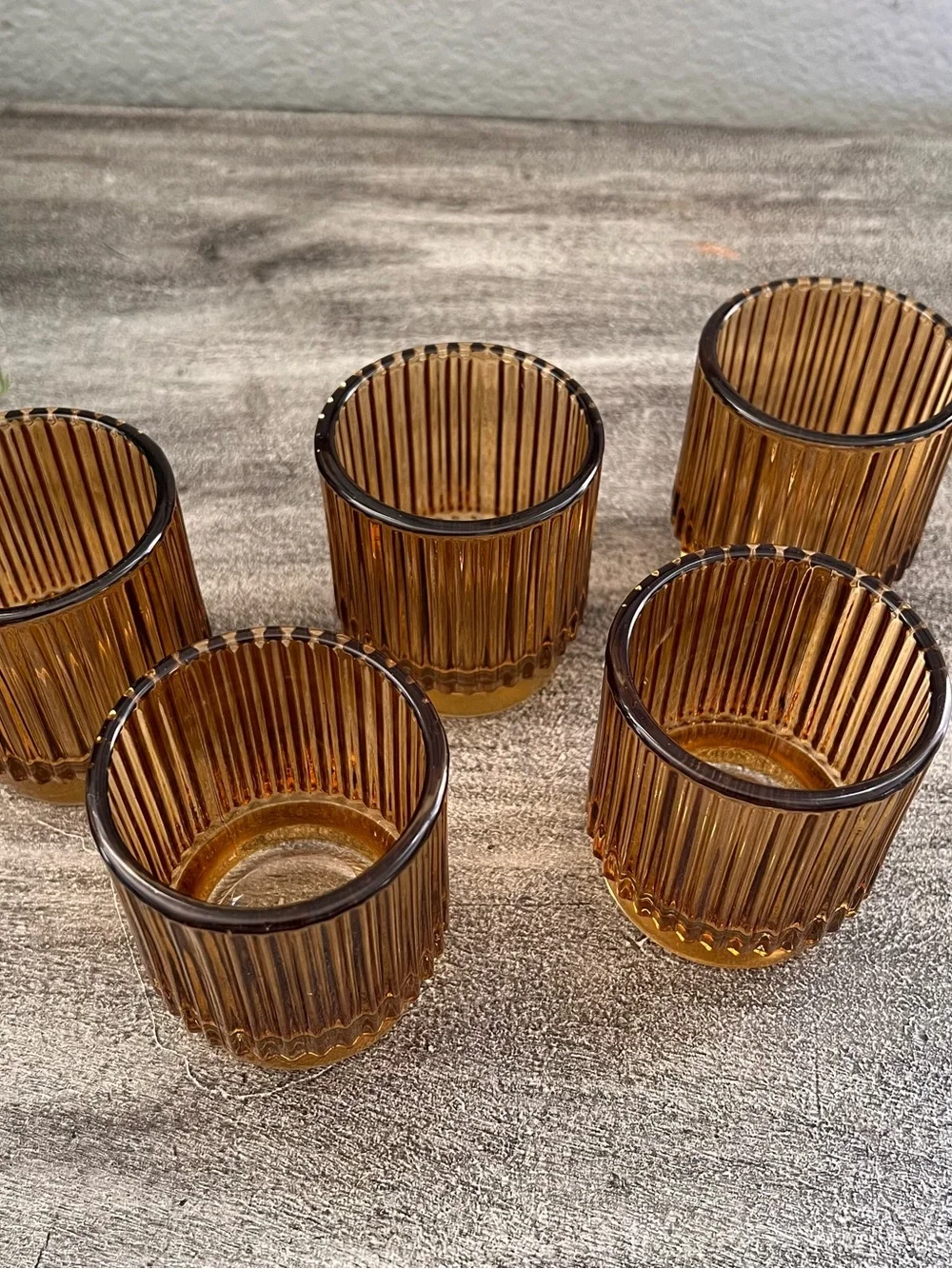 5 Kate Aspen Ribbed Amber Glass Tealight & Votive Candle Holders